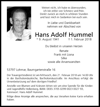 Anzeige von Hans Adolf Hummel von Kölner Stadt-Anzeiger / Kölnische Rundschau / Express