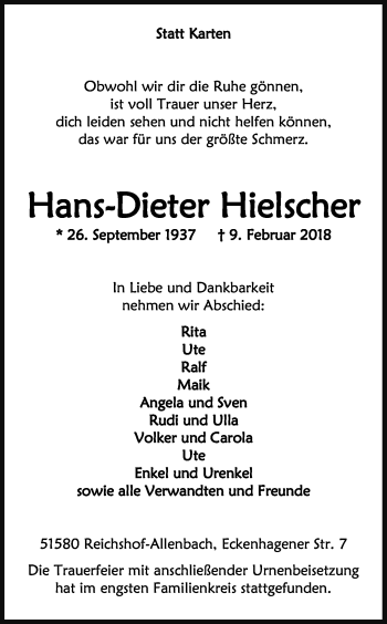 Anzeige von Hans Dieter Hielscher von Kölner Stadt-Anzeiger / Kölnische Rundschau / Express