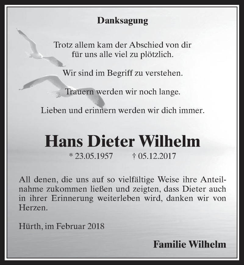  Traueranzeige für Hans Dieter Wilhelm vom 21.02.2018 aus  Wochenende 