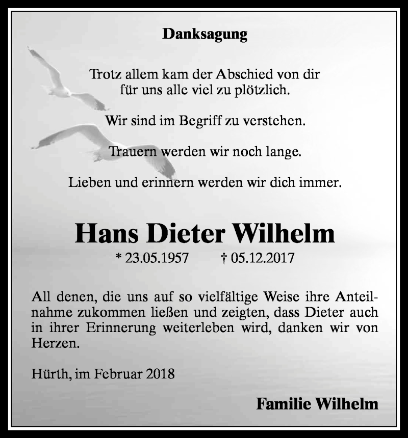  Traueranzeige für Hans Dieter Wilhelm vom 24.02.2018 aus Kölner Stadt-Anzeiger / Kölnische Rundschau / Express