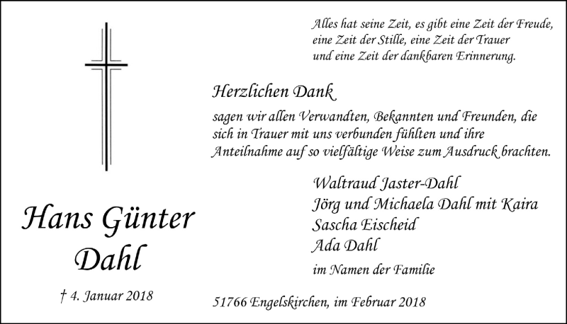  Traueranzeige für Hans Günter Dahl vom 21.02.2018 aus  Anzeigen Echo 