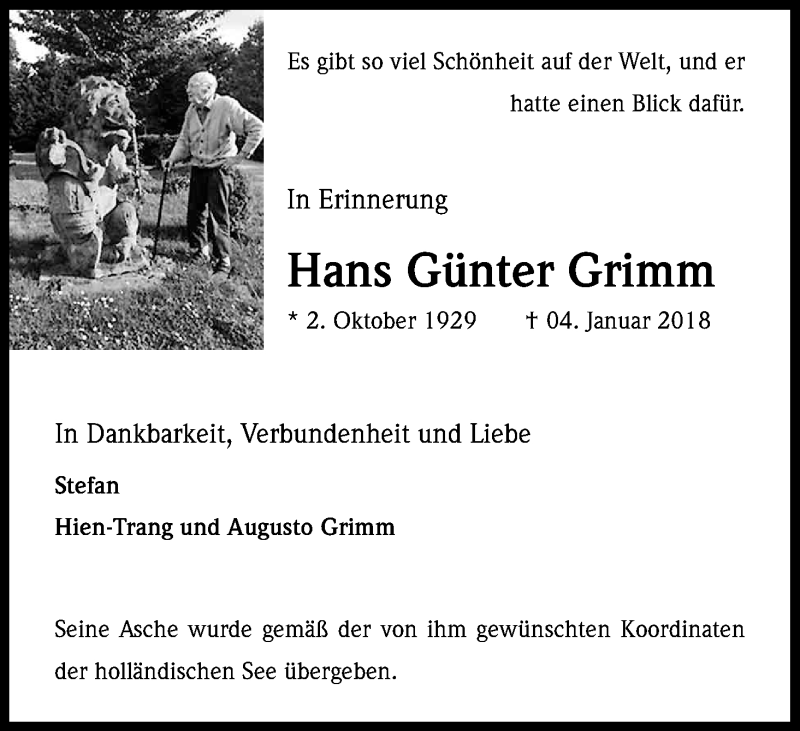  Traueranzeige für Hans Günter Grimm vom 03.02.2018 aus Kölner Stadt-Anzeiger / Kölnische Rundschau / Express