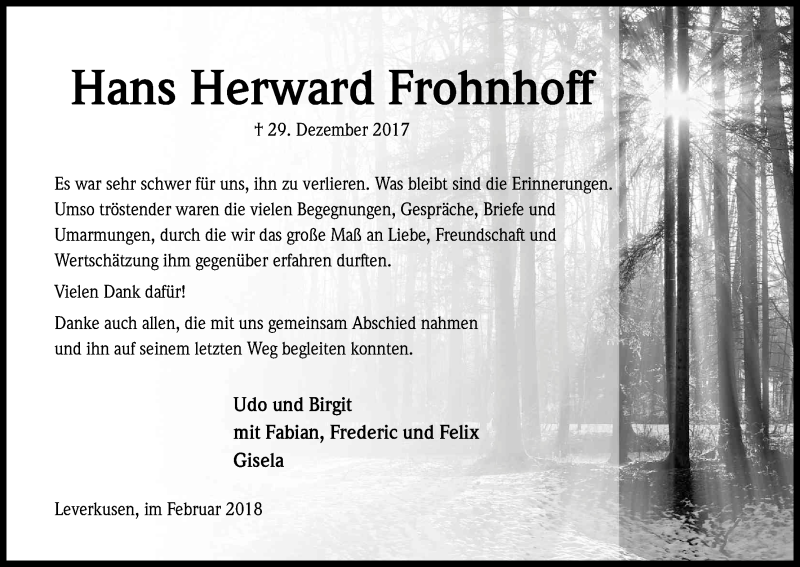  Traueranzeige für Hans Herward Frohnhoff vom 17.02.2018 aus Kölner Stadt-Anzeiger / Kölnische Rundschau / Express