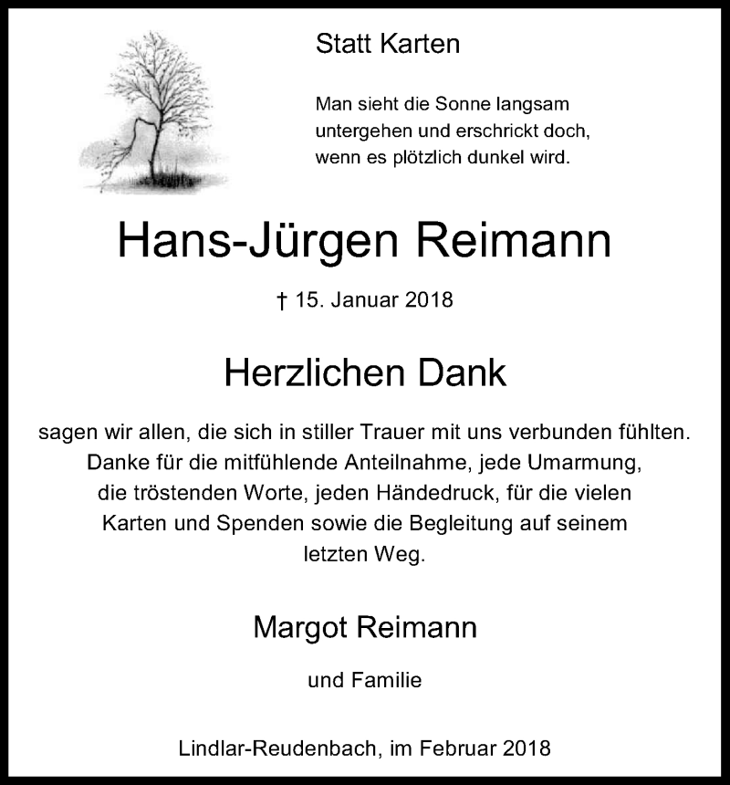  Traueranzeige für Hans Jürgen Reimann vom 24.02.2018 aus Kölner Stadt-Anzeiger / Kölnische Rundschau / Express