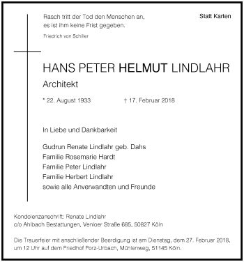 Anzeige von Hans Peter Helmut Lindlahr 