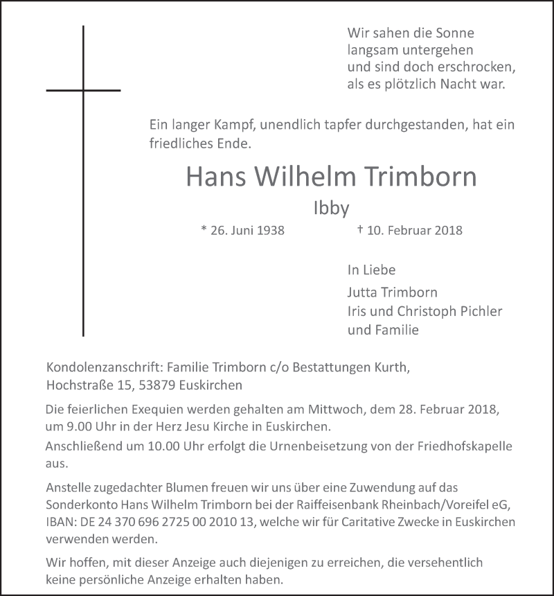  Traueranzeige für Hans Wilhelm Trimborn vom 17.02.2018 aus  Blickpunkt Euskirchen 