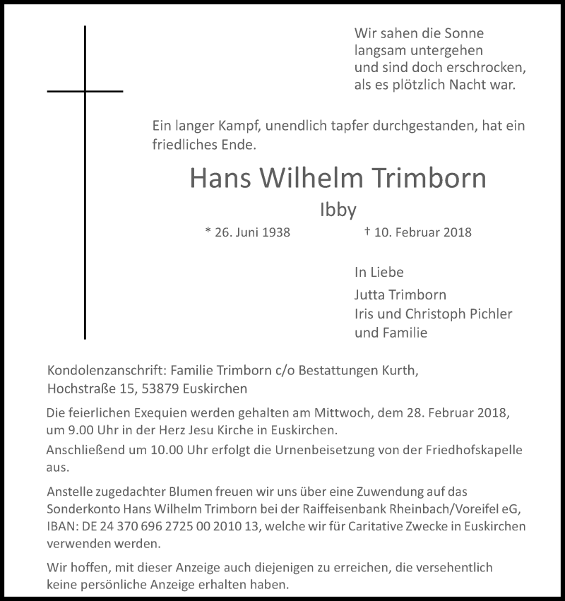  Traueranzeige für Hans Wilhelm Trimborn vom 17.02.2018 aus Kölner Stadt-Anzeiger / Kölnische Rundschau / Express