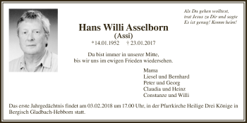 Anzeige von Hans Willi Asselborn von  Bergisches Handelsblatt 