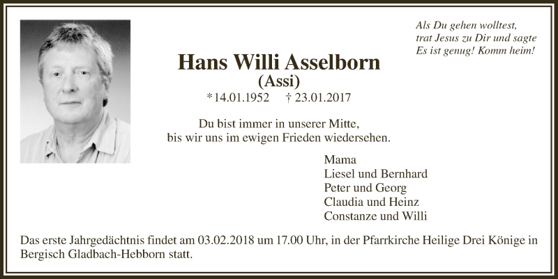  Traueranzeige für Hans Willi Asselborn vom 31.01.2018 aus  Bergisches Handelsblatt 
