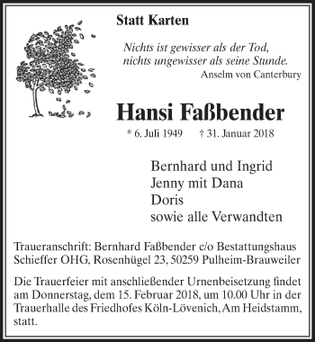 Anzeige von Hansi Faßbender von  Kölner Wochenspiegel 