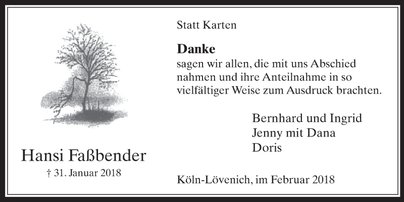  Traueranzeige für Hansi Faßbender vom 28.02.2018 aus  Kölner Wochenspiegel 