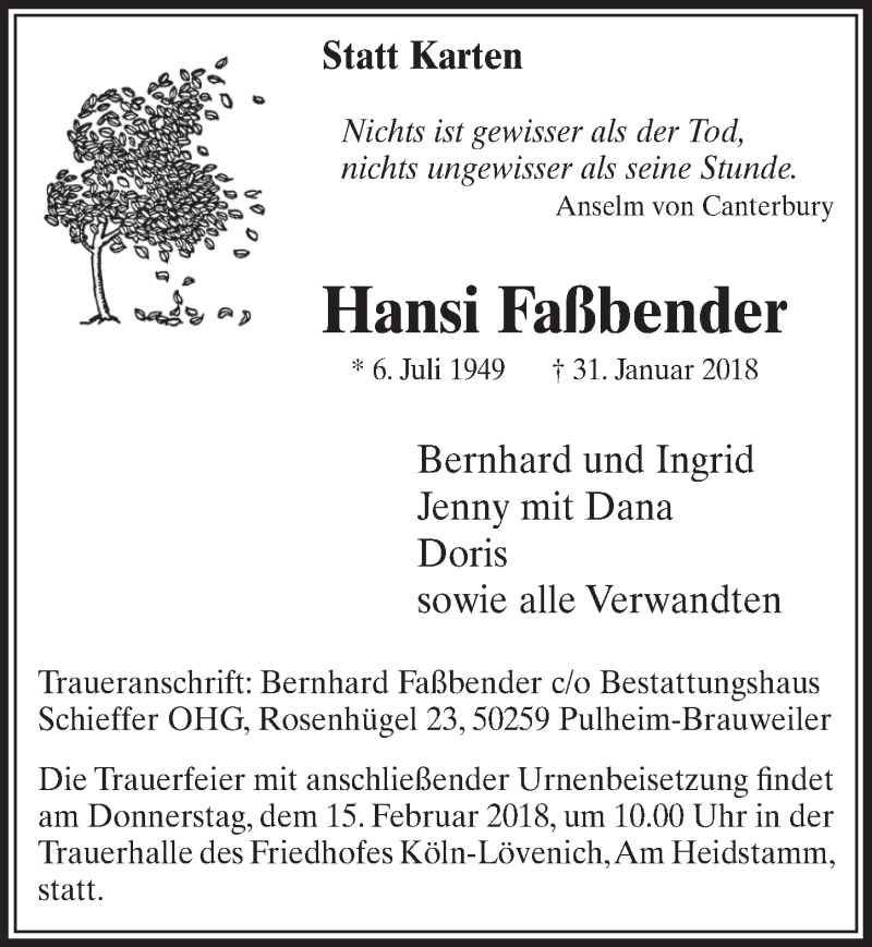  Traueranzeige für Hansi Faßbender vom 07.02.2018 aus  Kölner Wochenspiegel 