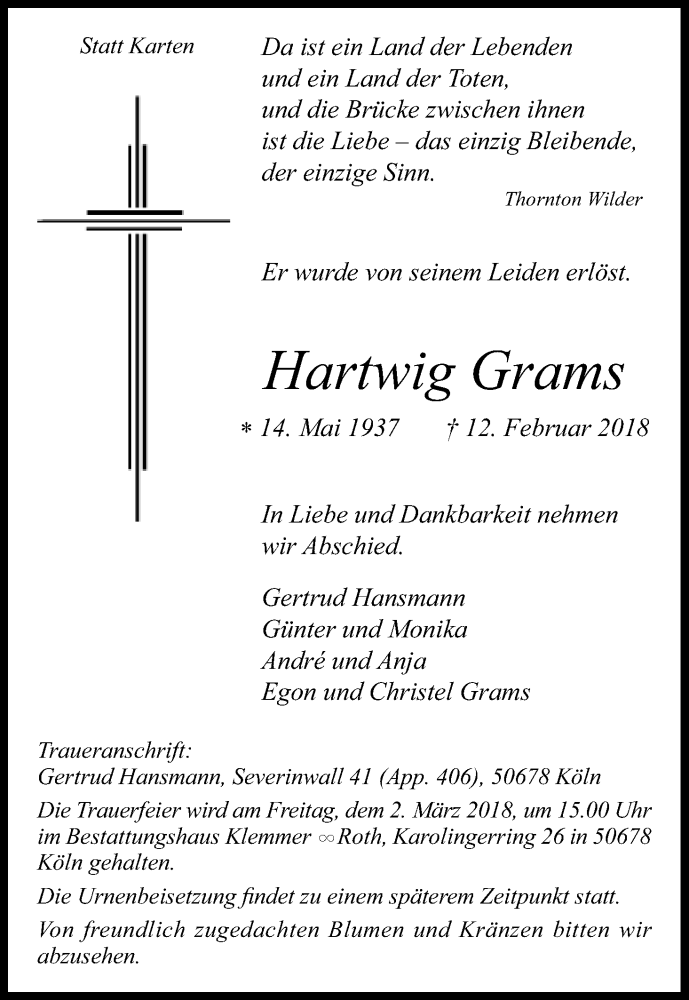  Traueranzeige für Hartwig Grams vom 24.02.2018 aus Kölner Stadt-Anzeiger / Kölnische Rundschau / Express