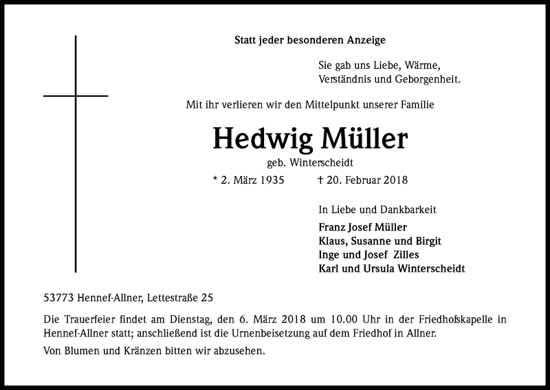  Traueranzeige für Hedwig Müller vom 23.02.2018 aus Kölner Stadt-Anzeiger / Kölnische Rundschau / Express