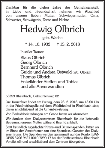 Anzeige von Hedwig Olbrich von  Schaufenster/Blickpunkt 