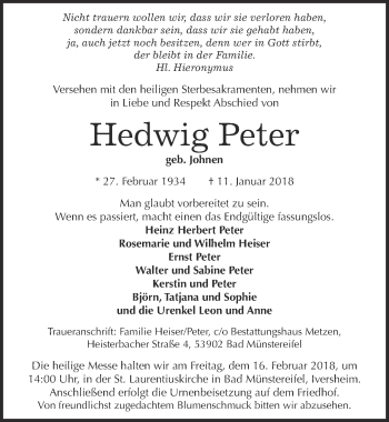 Anzeige von Hedwig Peter von  Blickpunkt Euskirchen 