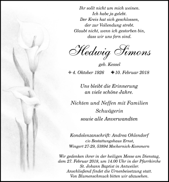 Anzeige von Hedwig Simons von  Blickpunkt Euskirchen 