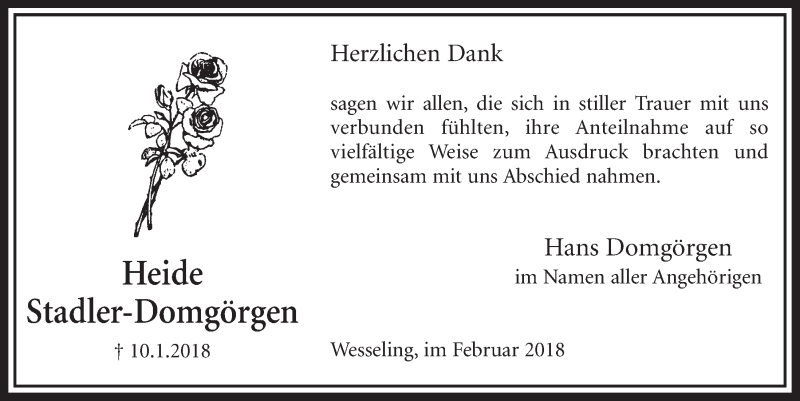  Traueranzeige für Heide Stadler-Domgörgen vom 21.02.2018 aus  Schlossbote/Werbekurier 