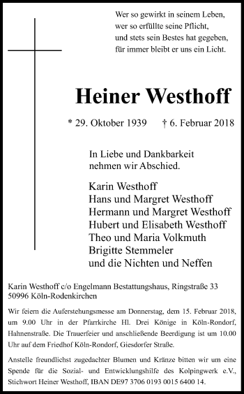 Anzeige von Heiner Westhoff von Kölner Stadt-Anzeiger / Kölnische Rundschau / Express