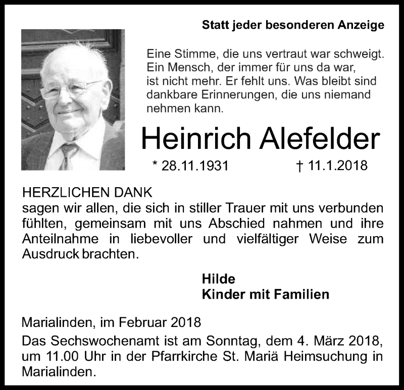 Traueranzeige für Heinrich Alefelder vom 24.02.2018 aus Kölner Stadt-Anzeiger / Kölnische Rundschau / Express