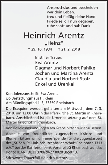 Anzeige von Heinrich Arentz von  Schaufenster/Blickpunkt 