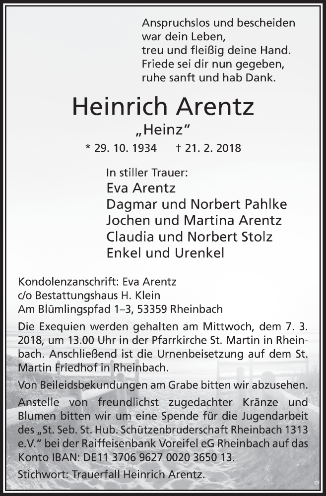  Traueranzeige für Heinrich Arentz vom 28.02.2018 aus  Schaufenster/Blickpunkt 
