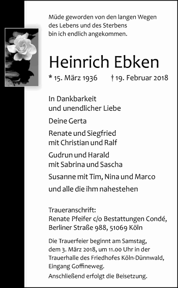 Anzeige von Heinrich Ebken von Kölner Stadt-Anzeiger / Kölnische Rundschau / Express