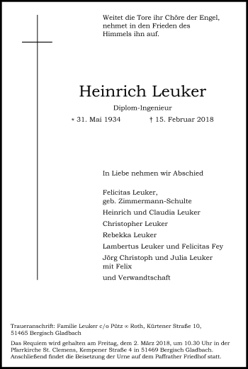 Anzeige von Heinrich Leuker von Kölner Stadt-Anzeiger / Kölnische Rundschau / Express