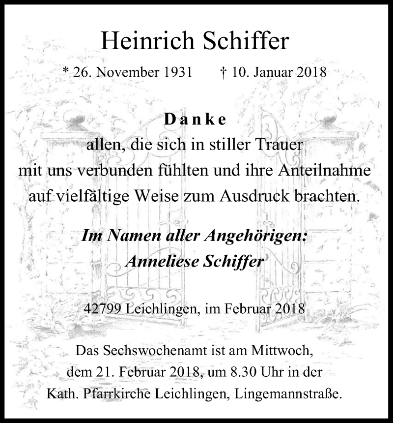  Traueranzeige für Heinrich Schiffer vom 17.02.2018 aus Kölner Stadt-Anzeiger / Kölnische Rundschau / Express