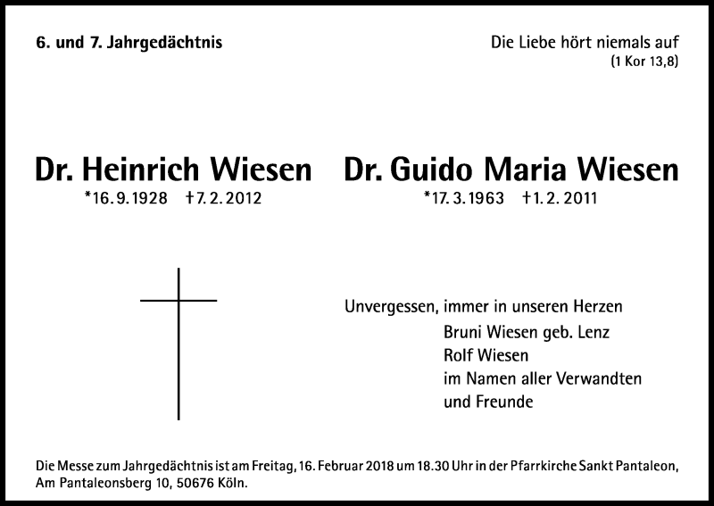  Traueranzeige für Heinrich Wiesen vom 10.02.2018 aus Kölner Stadt-Anzeiger / Kölnische Rundschau / Express