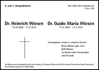 Anzeige von Heinrich Wiesen von Kölner Stadt-Anzeiger / Kölnische Rundschau / Express