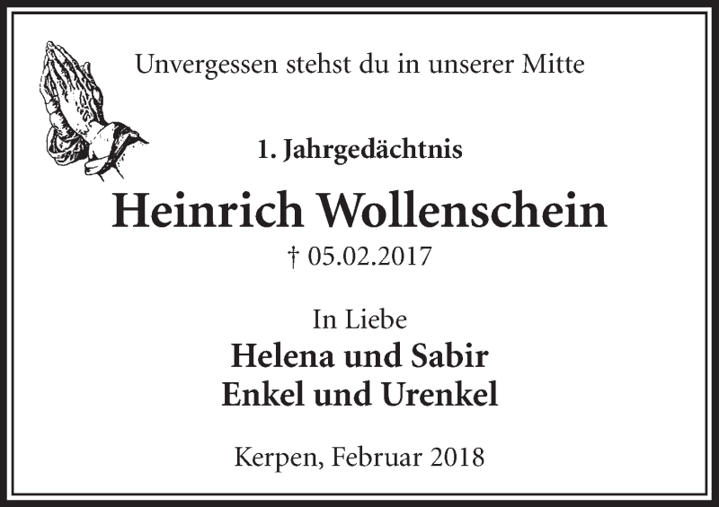  Traueranzeige für Heinrich Wollenschein vom 03.02.2018 aus  Sonntags-Post 