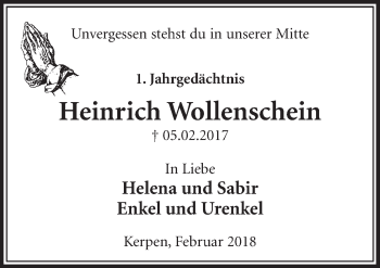 Anzeige von Heinrich Wollenschein von  Sonntags-Post 