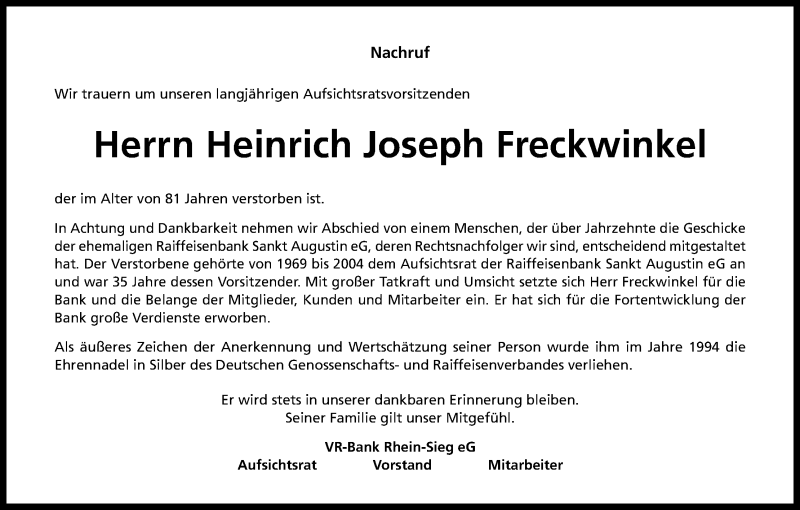  Traueranzeige für Heinrich Joseph Freckwinkel vom 17.02.2018 aus Kölner Stadt-Anzeiger / Kölnische Rundschau / Express