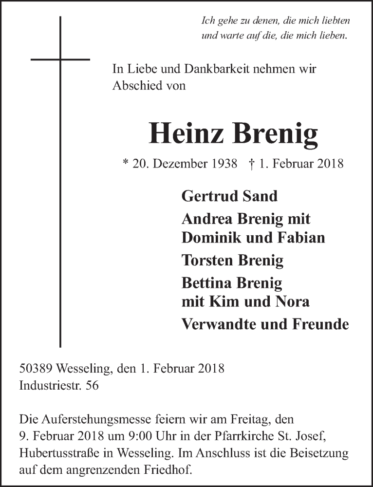  Traueranzeige für Heinz Brenig vom 07.02.2018 aus  Schlossbote/Werbekurier 