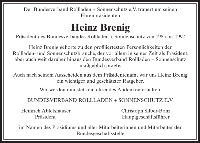  Traueranzeige für Heinz Brenig vom 07.02.2018 aus  Schlossbote/Werbekurier 