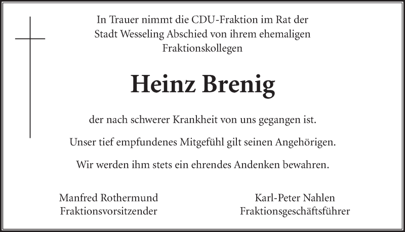  Traueranzeige für Heinz Brenig vom 07.02.2018 aus  Schlossbote/Werbekurier 