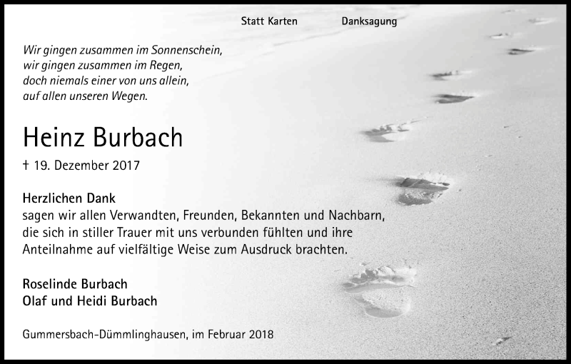  Traueranzeige für Heinz Burbach vom 03.02.2018 aus Kölner Stadt-Anzeiger / Kölnische Rundschau / Express