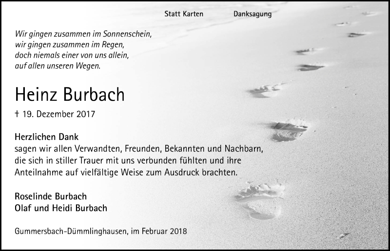  Traueranzeige für Heinz Burbach vom 07.02.2018 aus  Anzeigen Echo 