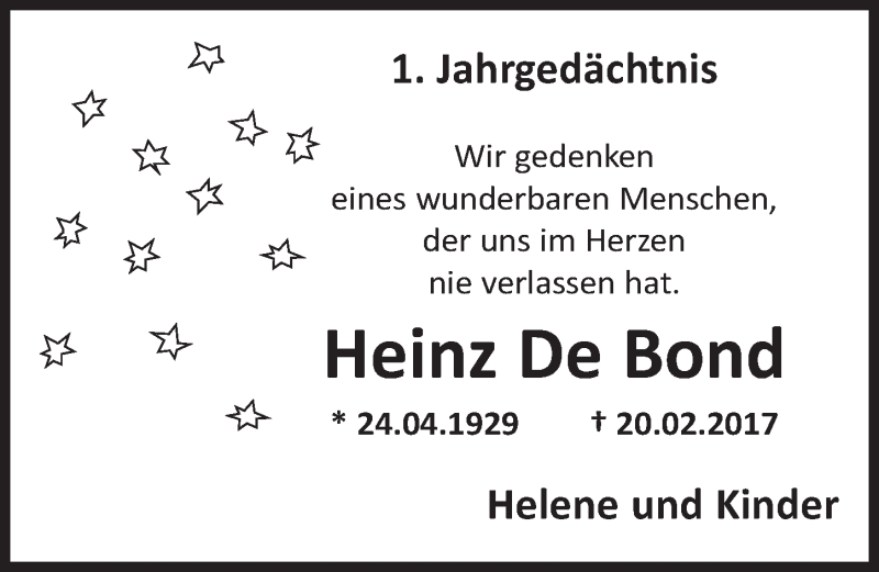 Traueranzeige für Heinz De Bond vom 21.02.2018 aus  Schlossbote/Werbekurier 