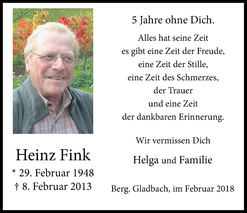  Traueranzeige für Heinz Fink vom 08.02.2018 aus Kölner Stadt-Anzeiger / Kölnische Rundschau / Express