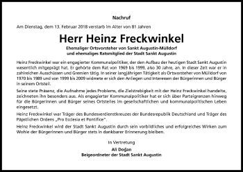 Anzeige von Heinz Freckwinkel von Kölner Stadt-Anzeiger / Kölnische Rundschau / Express
