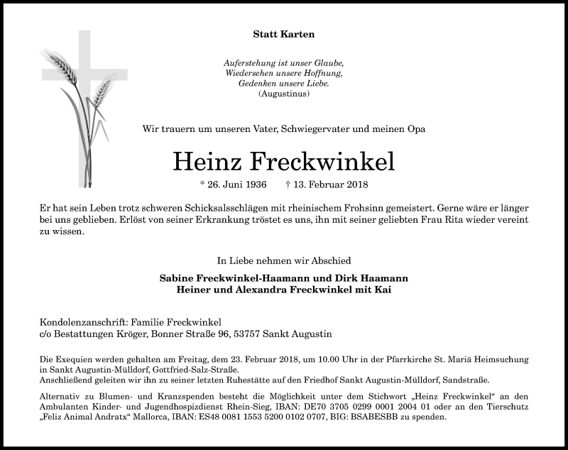  Traueranzeige für Heinz Freckwinkel vom 17.02.2018 aus Kölner Stadt-Anzeiger / Kölnische Rundschau / Express