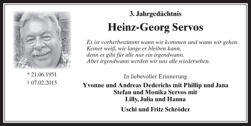  Traueranzeige für Heinz-Georg Servos vom 18.07.2023 aus  Werbepost 