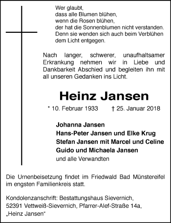 Anzeige von Heinz Jansen von  Blickpunkt Euskirchen 
