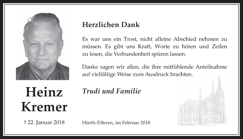  Traueranzeige für Heinz Kremer vom 21.02.2018 aus  Wochenende 