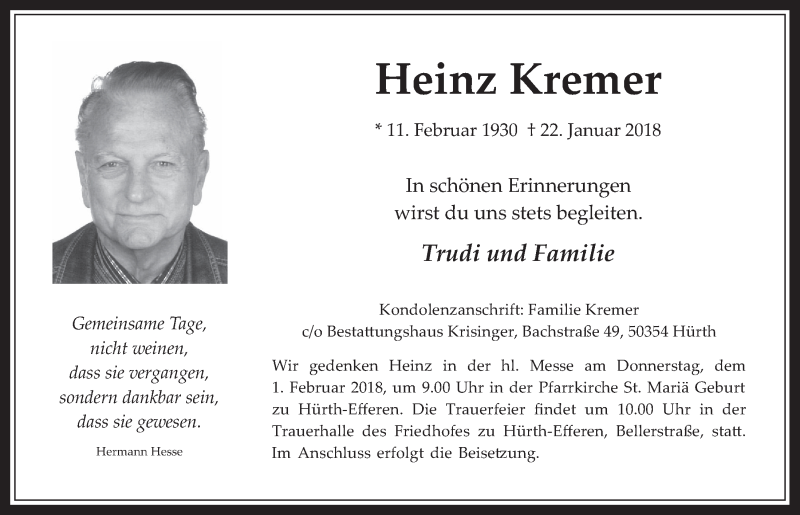  Traueranzeige für Heinz Kremer vom 31.01.2018 aus  Wochenende 