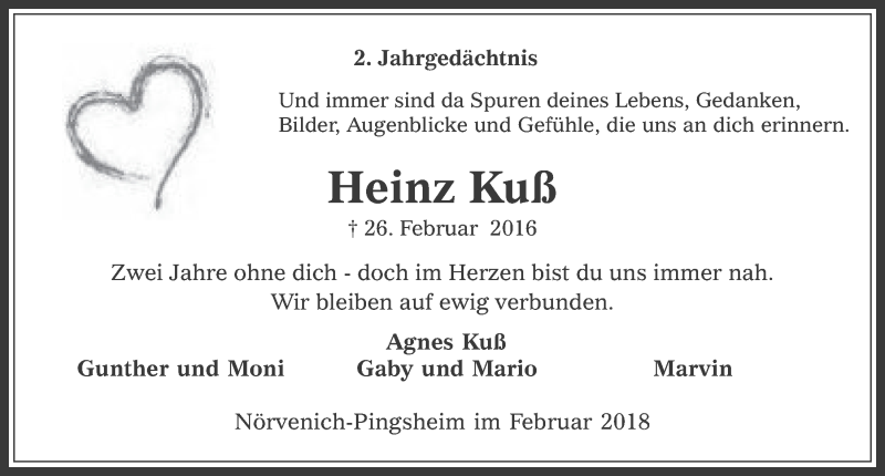  Traueranzeige für Heinz Kuß vom 21.02.2018 aus  Werbepost 
