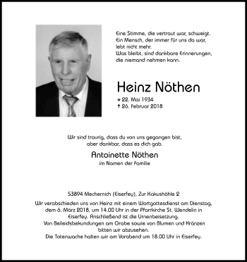 Anzeige von Heinz Nöthen von Kölner Stadt-Anzeiger / Kölnische Rundschau / Express