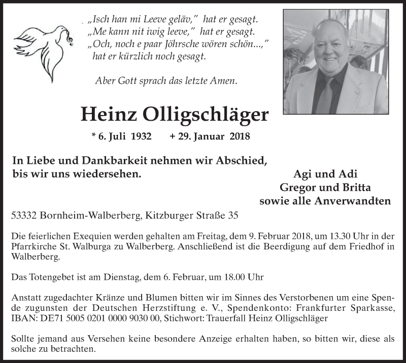  Traueranzeige für Heinz Olligschläger vom 07.02.2018 aus  Schlossbote/Werbekurier 